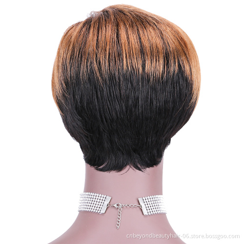 Brown Black Short Human Hair Wigs Pixie Cut Dark Root Ombre Natural Black Wigs with Bangs Wigs for Women